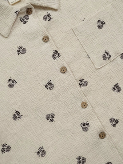 Gender Neutral Kids Oatmeal Aloha Shirt | Flower on cream