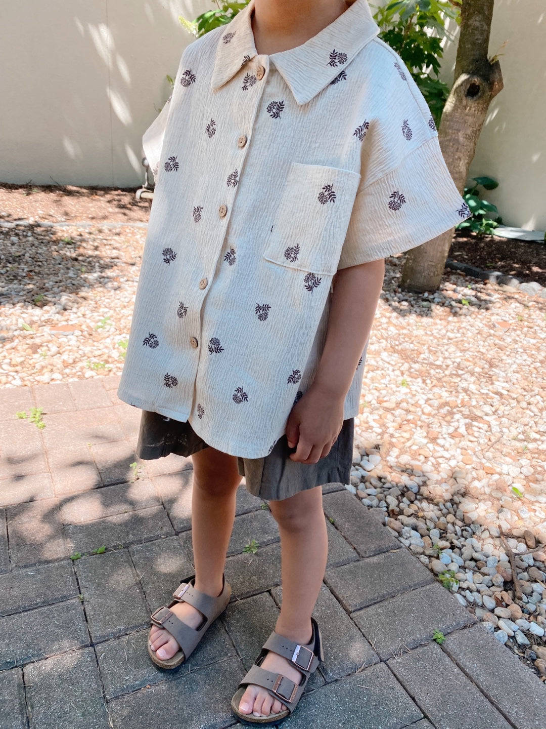 Gender Neutral Kids Oatmeal Aloha Shirt | Flower on cream