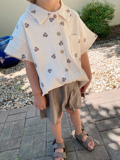 Gender Neutral Kids Oatmeal Aloha Shirt | Flower on cream