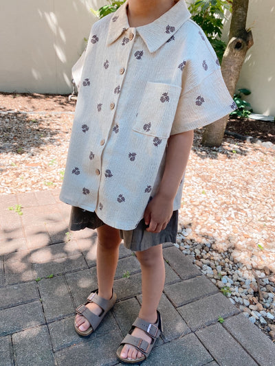 Gender Neutral Kids Oatmeal Aloha Shirt | Flower on cream